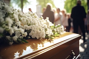 En vördnadsfull begravning i en kyrka, kista dekorerad med blommor