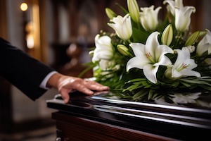 Svart kista och vita liljor ovanpå. Avsked och begravningsceremoni.